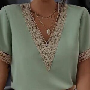 Green Chiffon Blouse with Embroidered V-Neck and Sleeves Size XL